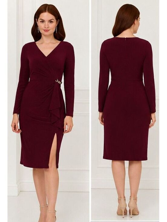 Adrianna Papell Dresses & Skirts - Adrianna Papell Wine Burgundy Long Sleeve Wrap Dress Ruched Gold Hardware Sz 12